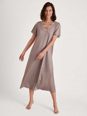 Etherea Taupe Calida Glamorous Nights Sleepshirt, Length 120 Cm Women Loungewear | LQYSR-7593