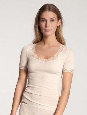 Light Ivory Calida Richesse Lace Shirt Short Sleeve Women Underwear | KWAQM-4928