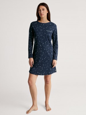 Peacoat Blue Calida Sweet Dreams Long-sleeved Nightdress, Length 95 Cm Women Sleepwear | AONHC-0264