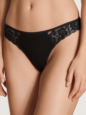 Schwarz Calida Natural Comfort Lace String Women Underwear | HSEBP-9045