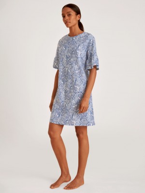 Sodalite Blue Calida Favourites Paisley Short Sleeve Nightdress, Length 90cm Women Sleepwear | QLGUM-0659