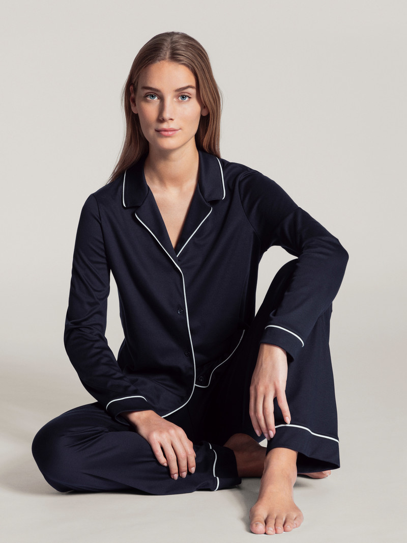 Dark Lapis Blue Calida Night Lovers Pyjama Buttoned Women Sleepwear | GWECR-9023