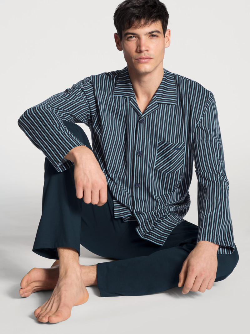 Dark Sapphire Calida Relax Imprint Pyjama Buttoned Men Sleepwear | LFVZT-2915