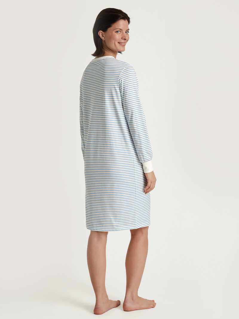 Endless Sky Calida Cotton Stripes Long-sleeved Nightdress, Length 100 Cm Women Sleepwear | XJBMD-5198