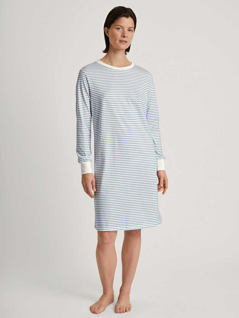 Endless Sky Calida Cotton Stripes Long-sleeved Nightdress, Length 100 Cm Women Sleepwear | XJBMD-5198