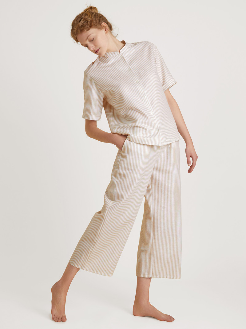 Etherea Taupe Calida Linen Nights 7/8 Pyjamas Women Summer Oufits | WVYUS-4790