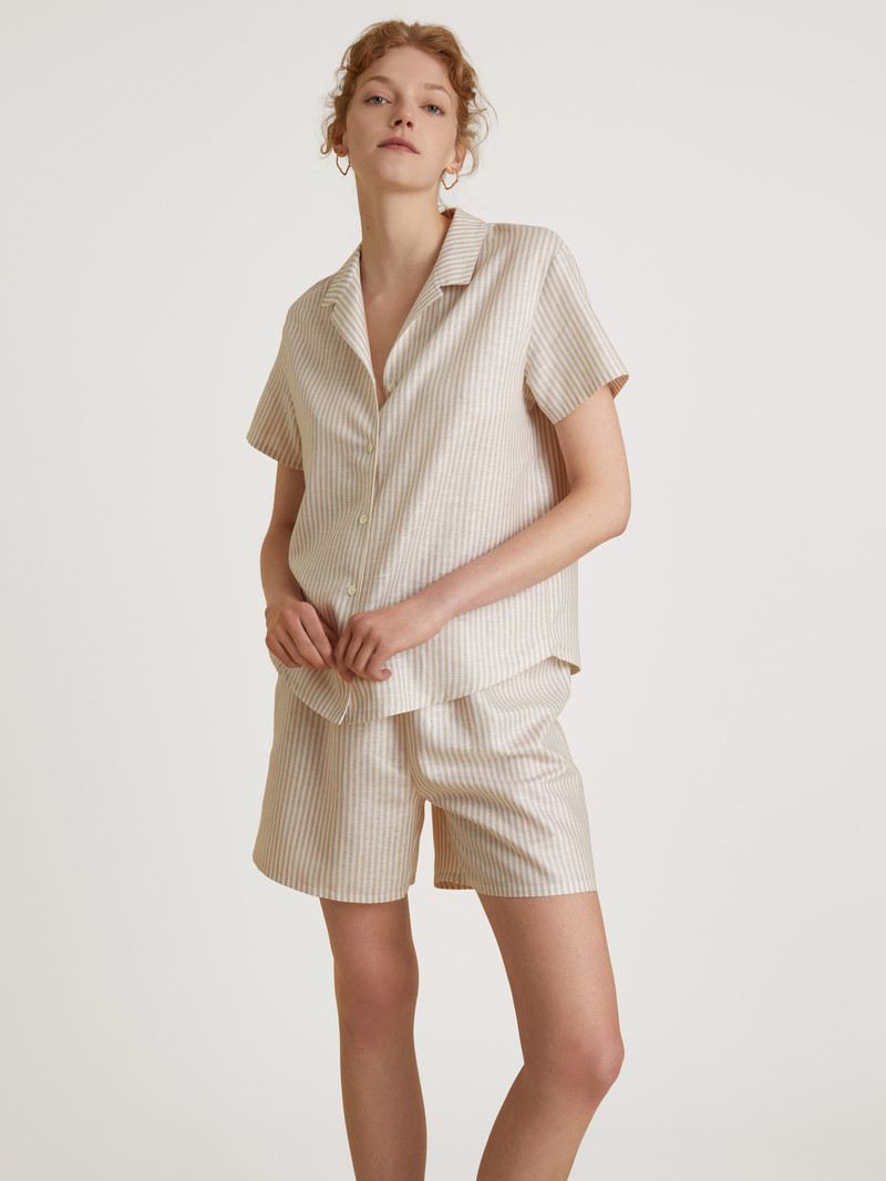 Etherea Taupe Calida Linen Nights Short Pyjama Women Sleepwear | OVMJS-3097