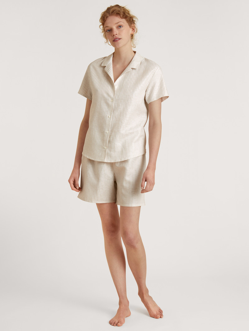 Etherea Taupe Calida Linen Nights Short Pyjama Women Sleepwear | OVMJS-3097