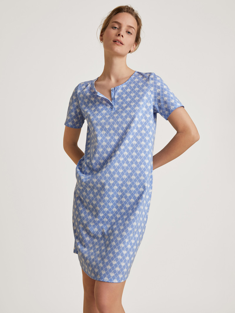 Hydrangea Blue Calida Shell Nights Short Sleeve Nightdress, Length 95cm Women Sleepwear | HPXOC-5143