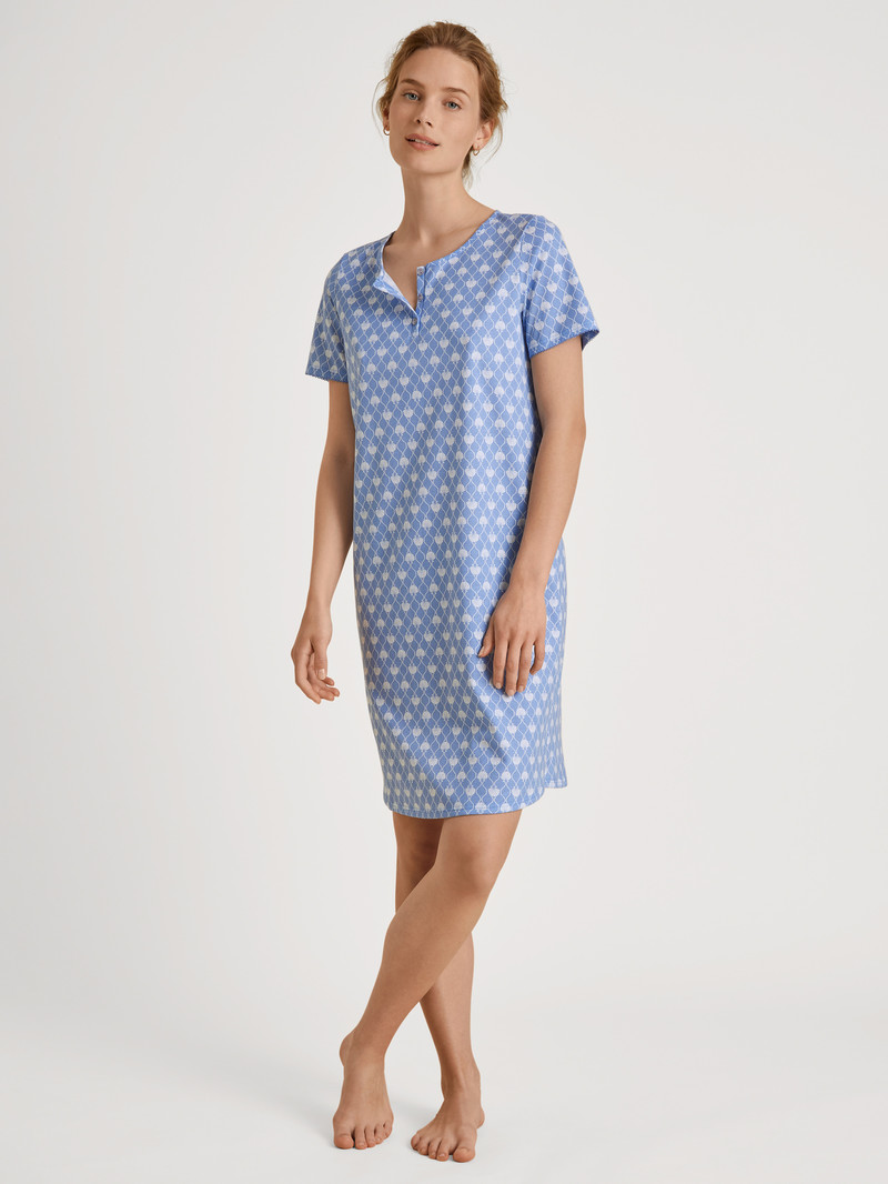 Hydrangea Blue Calida Shell Nights Short Sleeve Nightdress, Length 95cm Women Sleepwear | HPXOC-5143