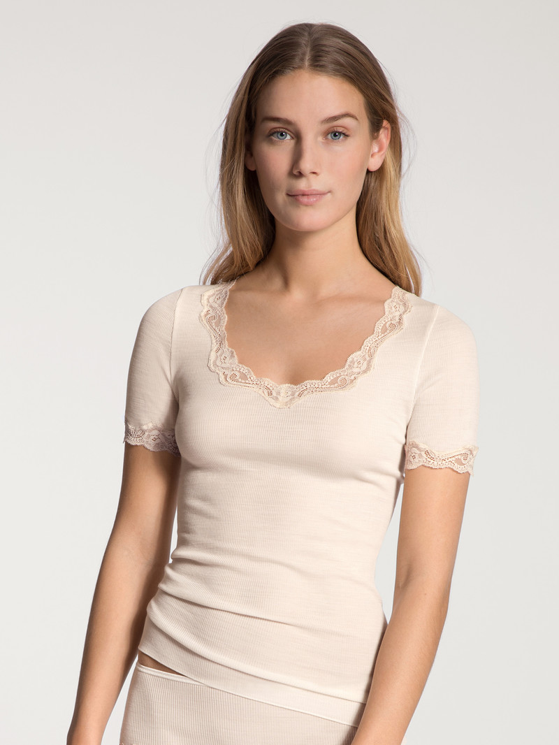 Light Ivory Calida Richesse Lace Shirt Short Sleeve Women Loungewear | IYJRF-7210