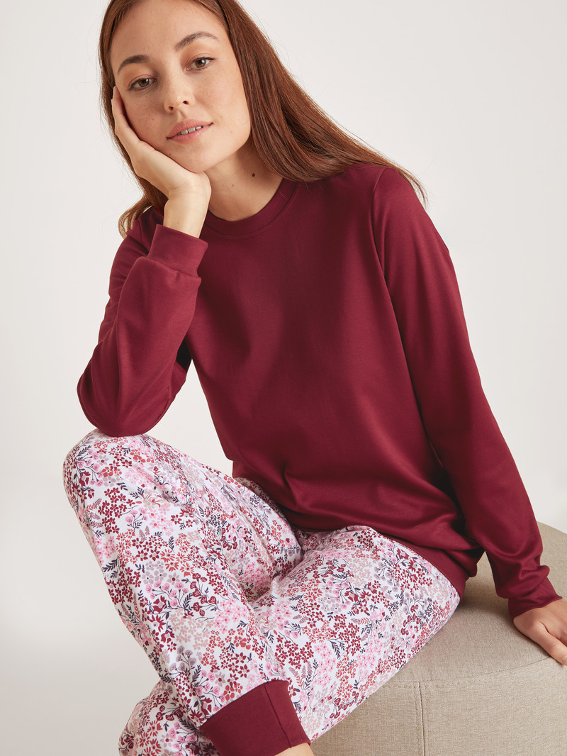 Mars Red Calida Midnight Flowers Pyjama With Cuff Women Sleepwear | ILKHP-6105