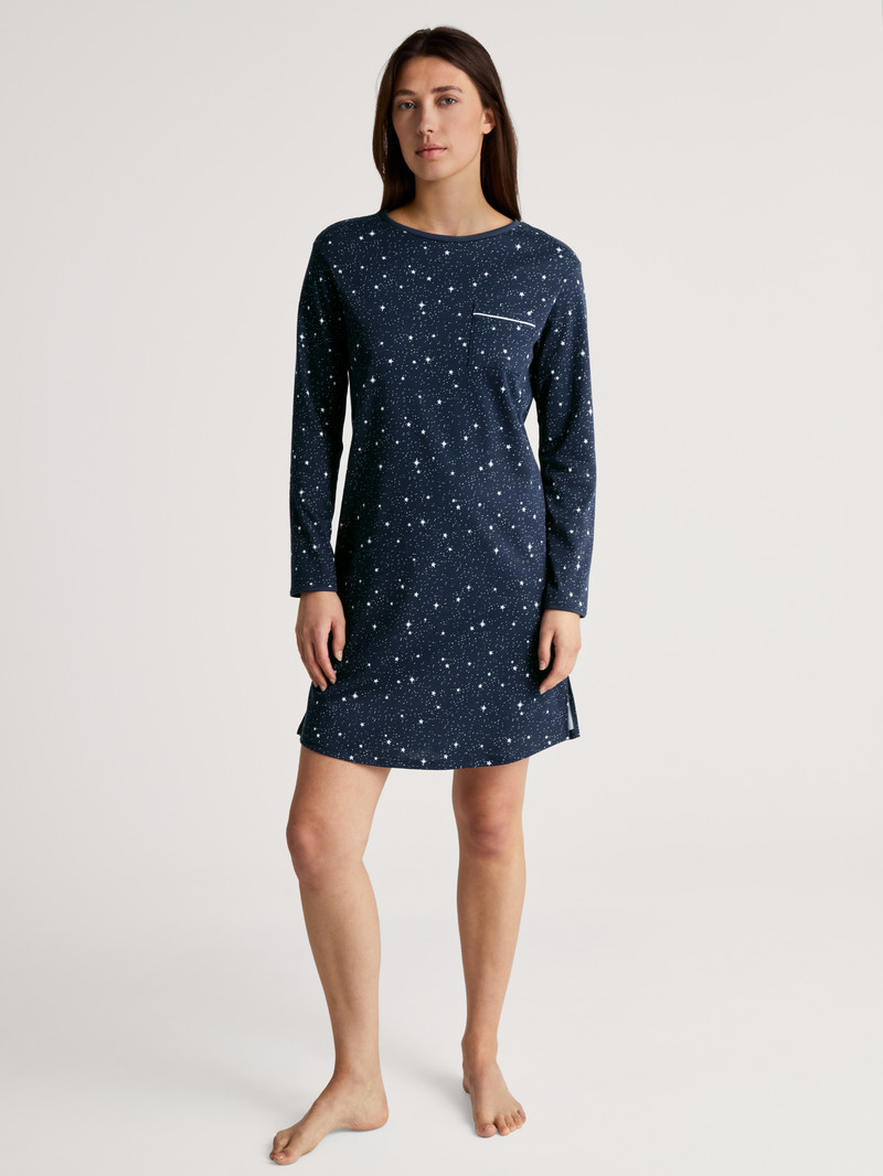 Peacoat Blue Calida Sweet Dreams Long-sleeved Nightdress, Length 95 Cm Women Sleepwear | AONHC-0264