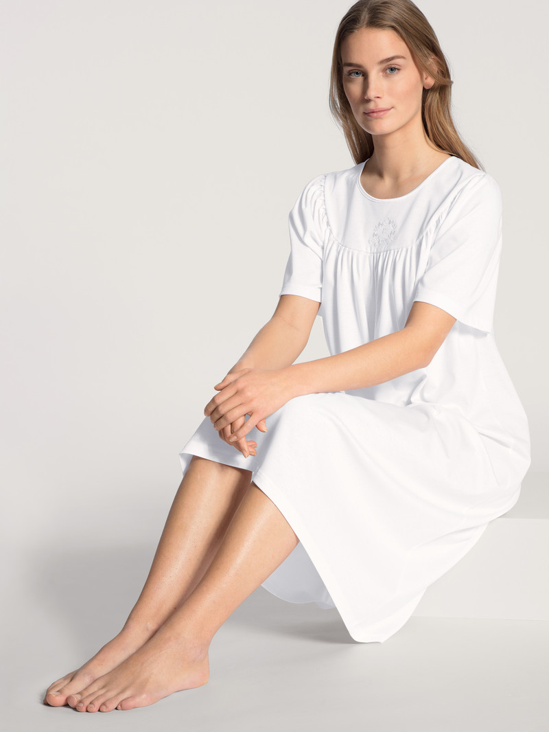 White Calida Soft Cotton Nightdress, Length 110cm Women Sleepwear | NARJY-2790